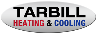 Logo for Tarbill Heating & Cooling: black text "TARBILL" over red "HEATING" and blue "& COOLING" on a silver oval.