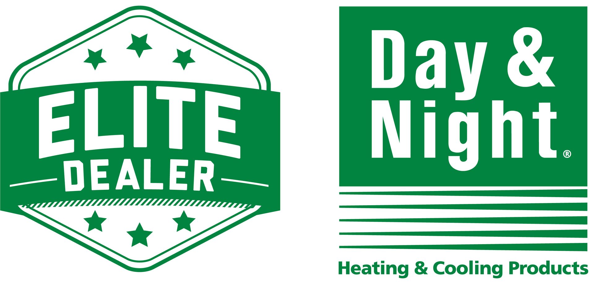 Logos for Elite Dealer and Day & Night Heating & Cooling Products, both in green and white.