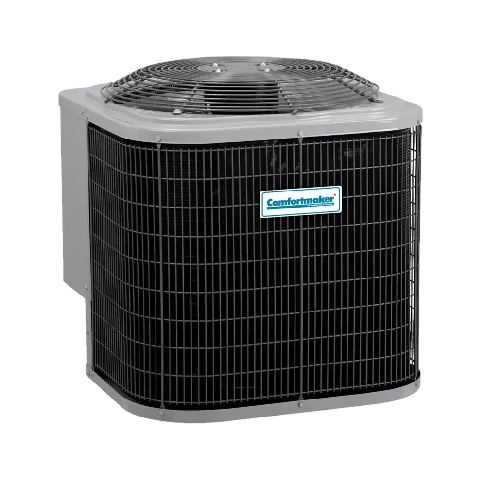 Gray and black Comfortmaker air conditioner unit outside.