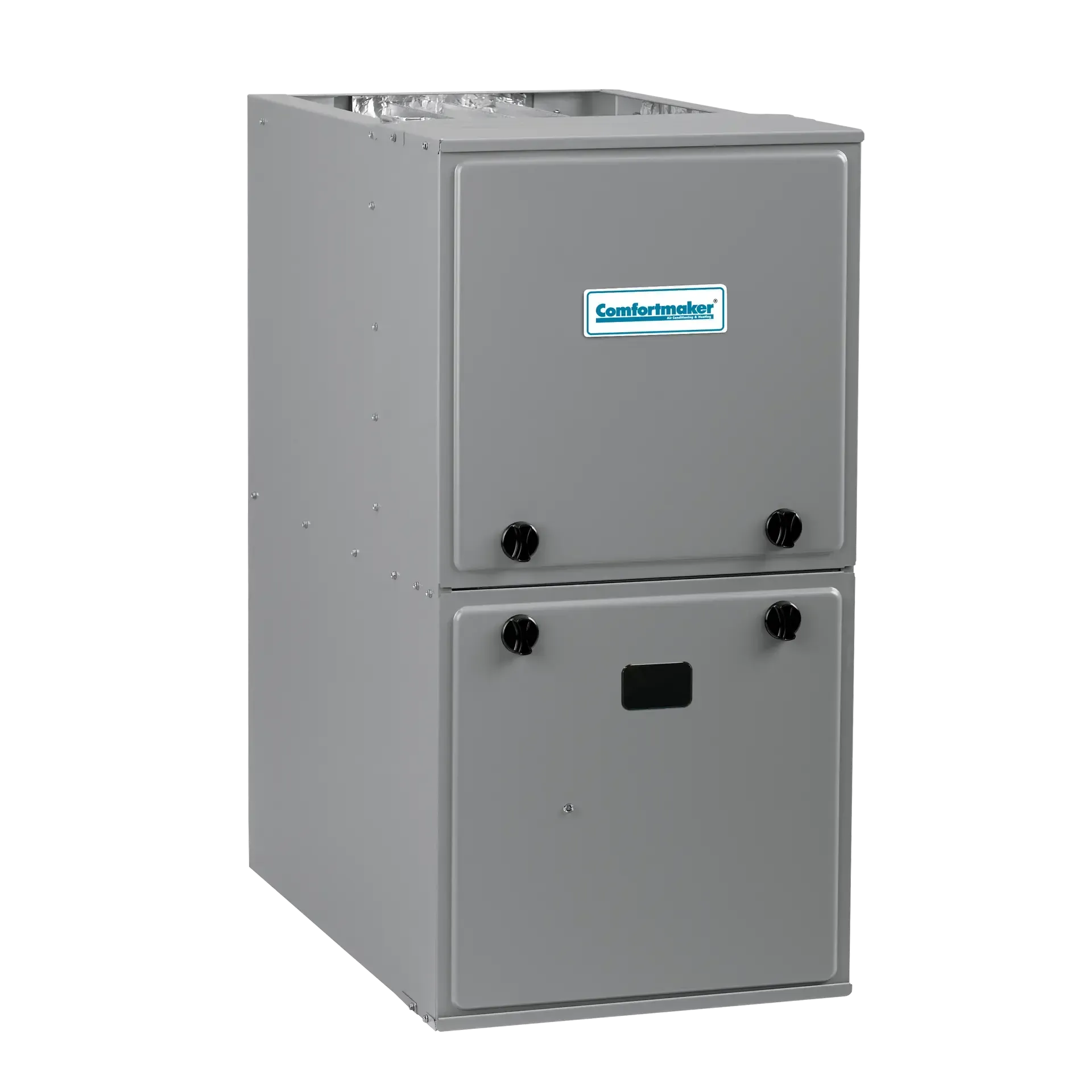 Gray, upright Comfort-Aire furnace; rectangular with two doors and black knobs.