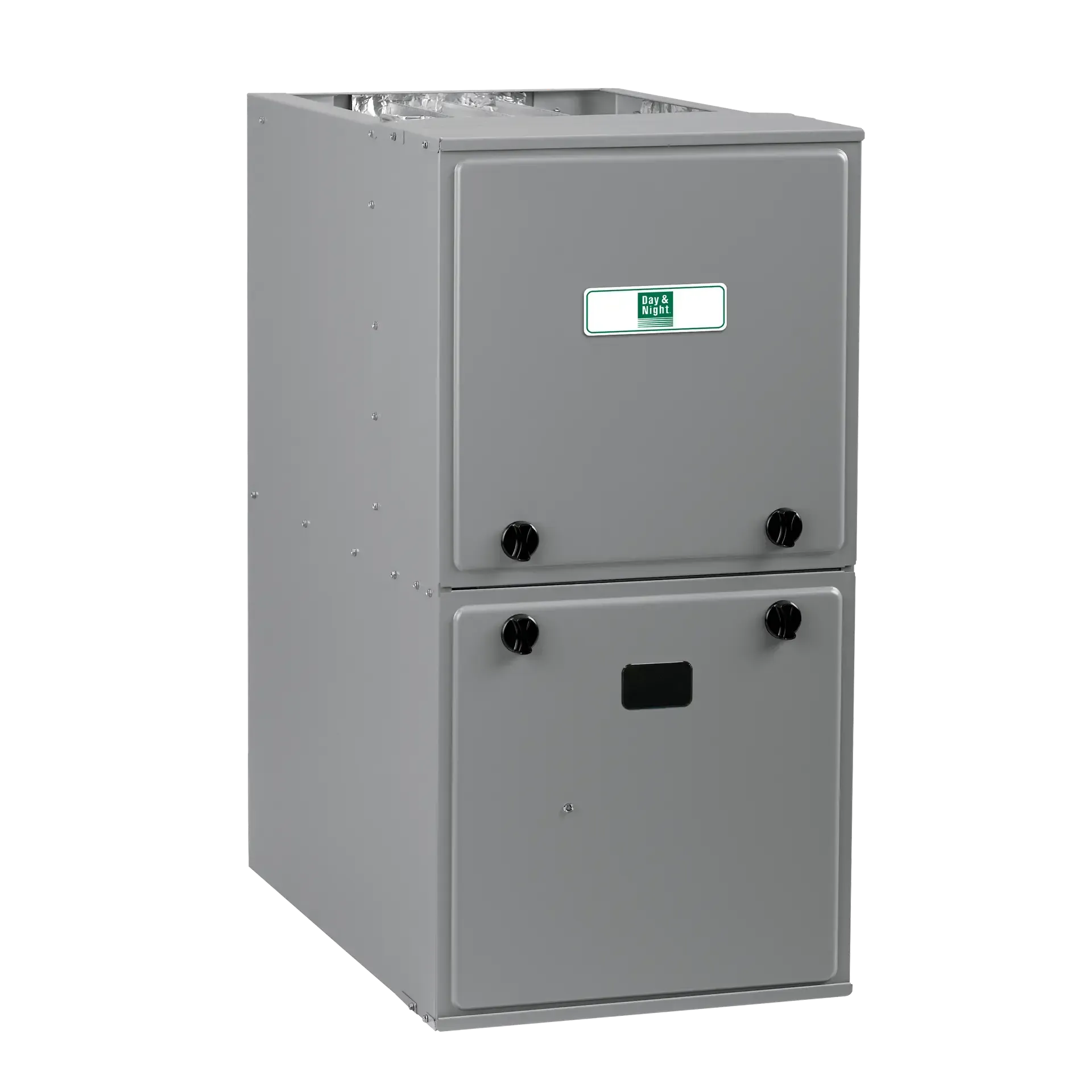 Gray, upright Comfort-Aire furnace; rectangular with two doors and black knobs.