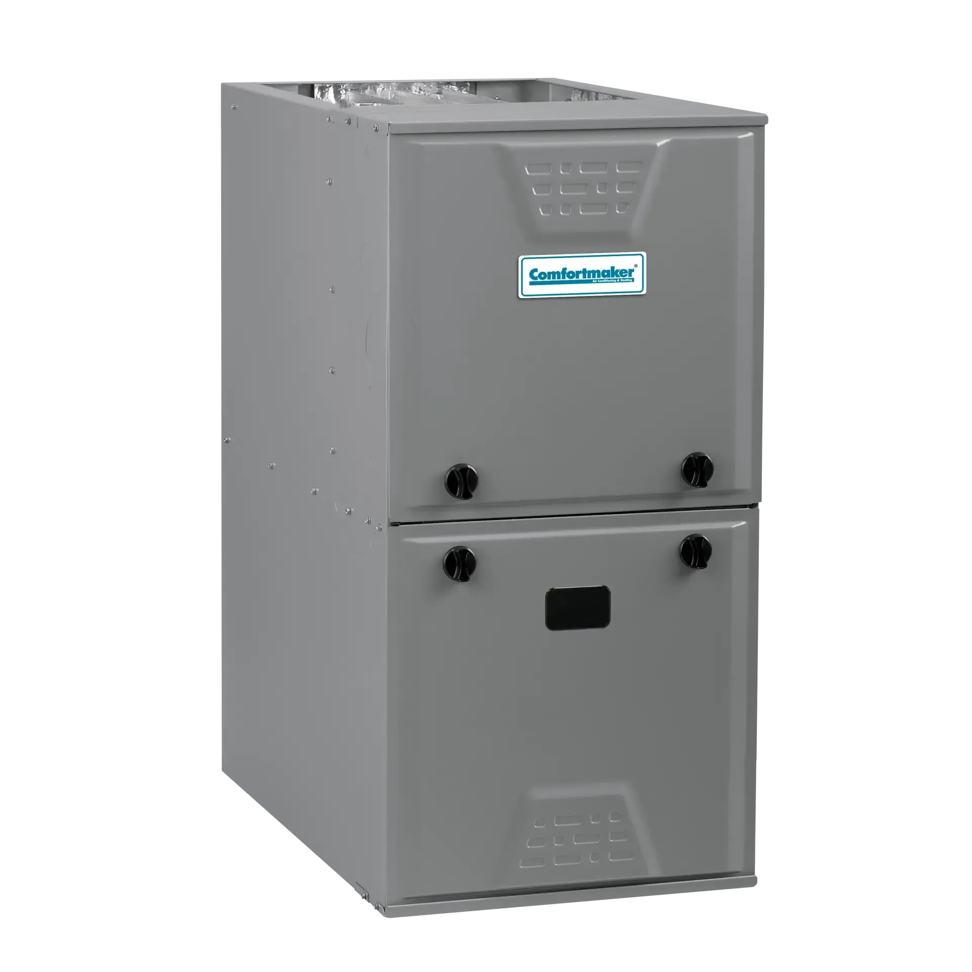 Gray vertical furnace with black knobs, vents, and logo.