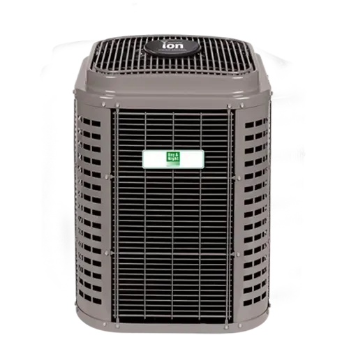 Gray vertical furnace with black knobs, vents, and logo.