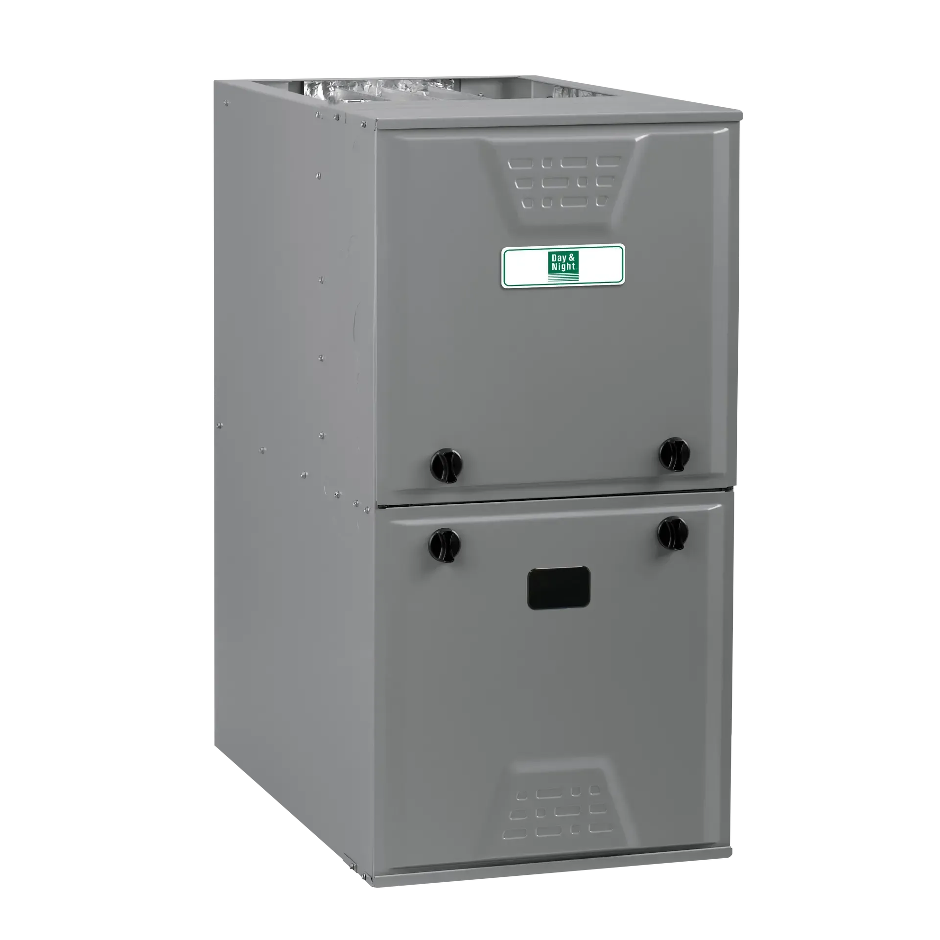 Gray vertical furnace with black knobs, vents, and logo.