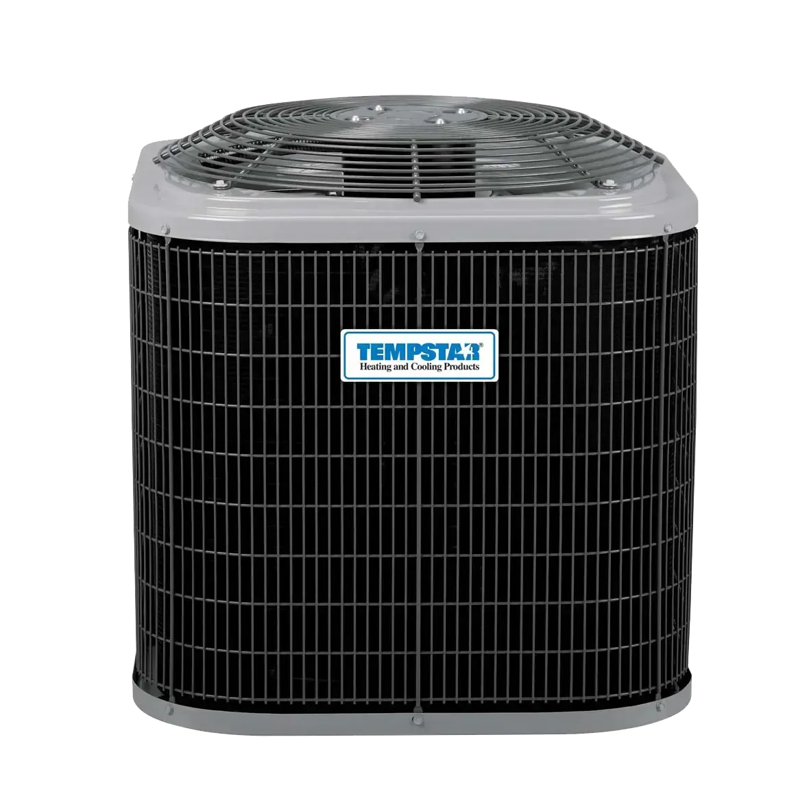 Tempstar air conditioning unit, outdoor, with black grill and metal top.