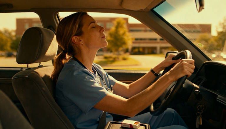 A Columbus nurse sitting in her car after a shift near a hospital campus, hands on the steering wheel, taking a deep breath of fresh air with a cigarette pack laying down on the driving console