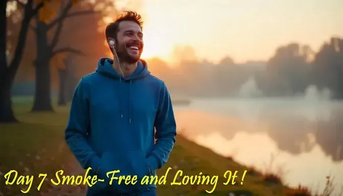 A Happy Columbus Man walking through a park at sunrise with earbuds in, smiling wide, with a caption Day 7 Smoke-Free and Loving It