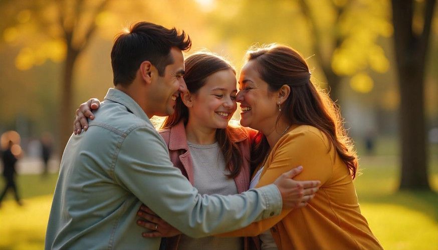 A close-knit group of family members sharing a heartfelt hug at a sunny park
