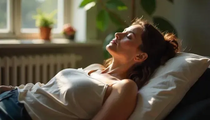 A focused serene hypnotherapy session in Columbus, Ohio, with a relaxed Caucasian female client lying back in a modern office