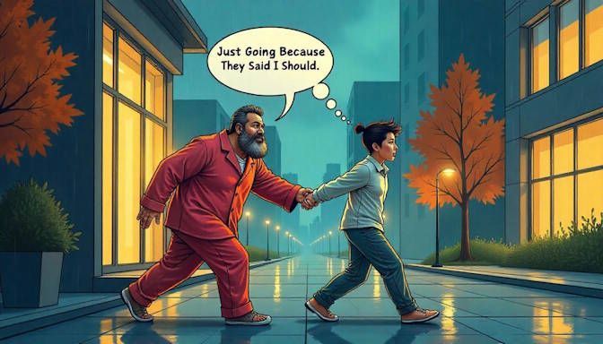 A humorous cartoon drawing of someone being dragged to a hypnosis appointment by their friend with the caption Just Going Because They Said I Should