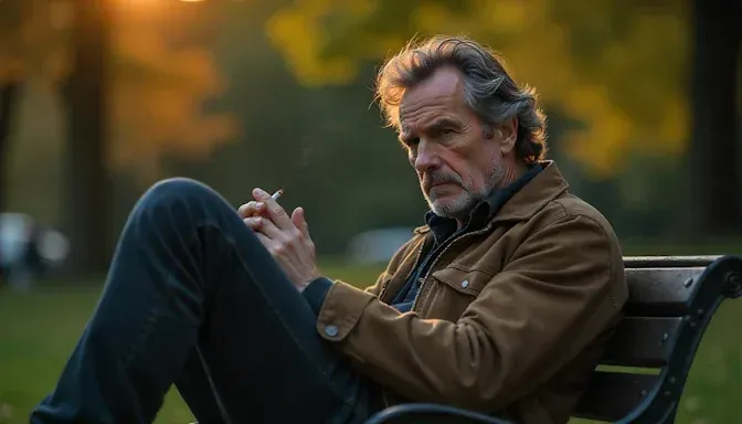 A man sitting on a bench in Goodale Park disappointed with a lit cigarette, feeling as if he failed