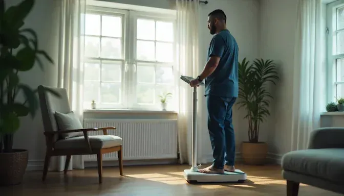 peaceful hypnotherapy room with a man standing on a scale with healthy weight after quitting smoking