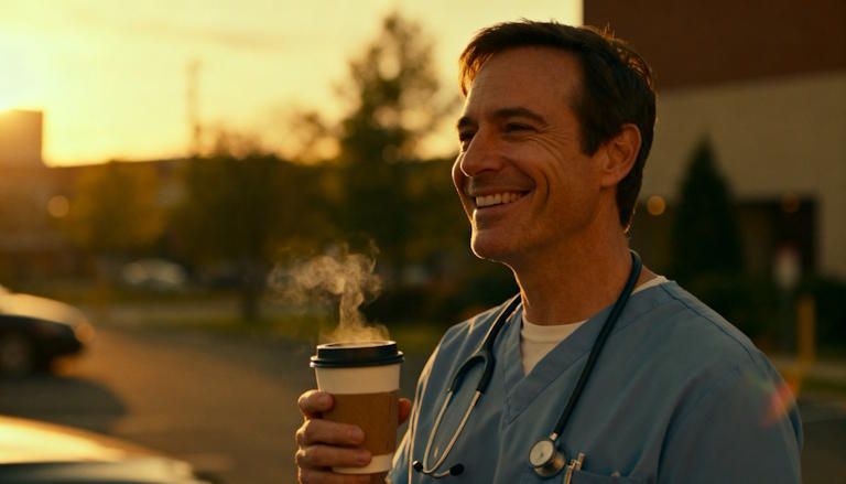 A relieved former smoker standing outside at sunrise in Columbus after a hospital shift, smiling with steaming hot coffee in hand and no cigarette enjoying a breath of fresh air.