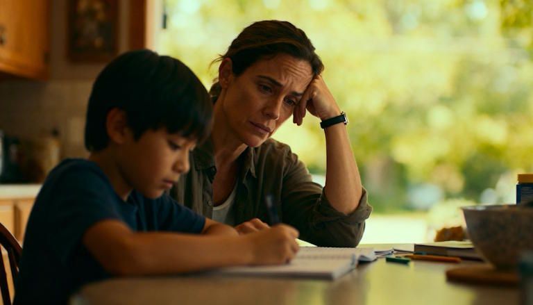 A single parent in Columbus helping a child with homework at the kitchen table, looking tired but hopeful, with no cigarettes in sight.