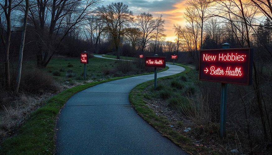 A winding path through a park with sections labeled Better Health, New Hobbies, and Personal Growth 
