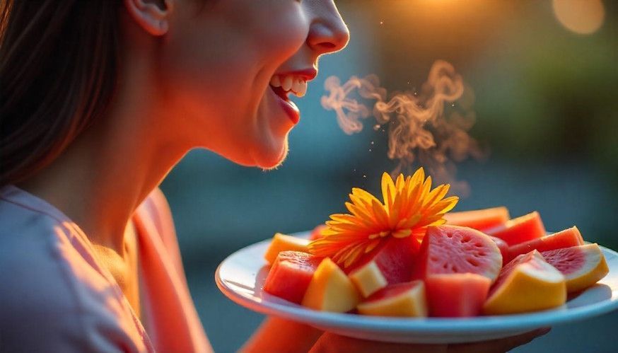 A woman who quit smoking gets a delicious aroma from some freshly cut fruit