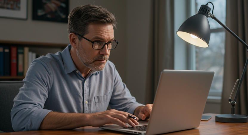 Casual-dressed adult preparing laptop for private hypnotherapy session in his Columbus home living r