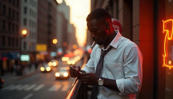 African American man on a smoke break at work in downtown Columbus wanting to quit smoking