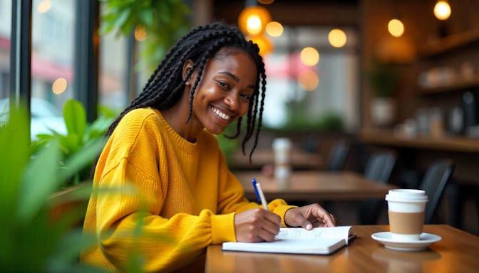 African American woman in her late 20s writing My Quit Plan in a journal at a bustling Columbus café