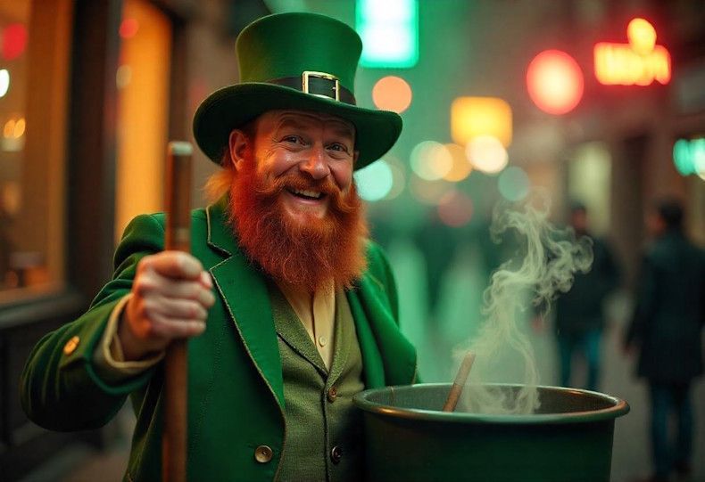 An Irishman with pale skin and red hair and a beard putting out a barely smoked cigar in a trash can dressed in his festive green suit and hat with a smile on his face