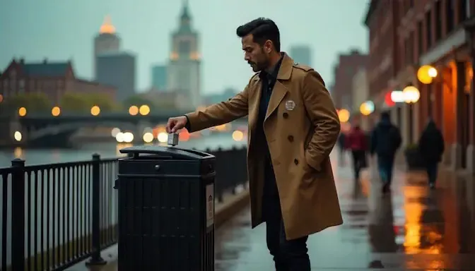 Asian man tossing a cigarette pack into a trash bin near the Scioto Mile with the Columbus skyline blurred by the rain