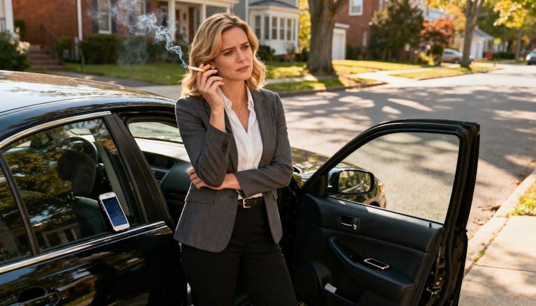 Beautiful woman real estate agent in Columbus standing outside her parked car between showings smoking a cigarette