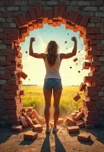 Strong and motivated woman who is breaking through a wall showing her shift in mindset