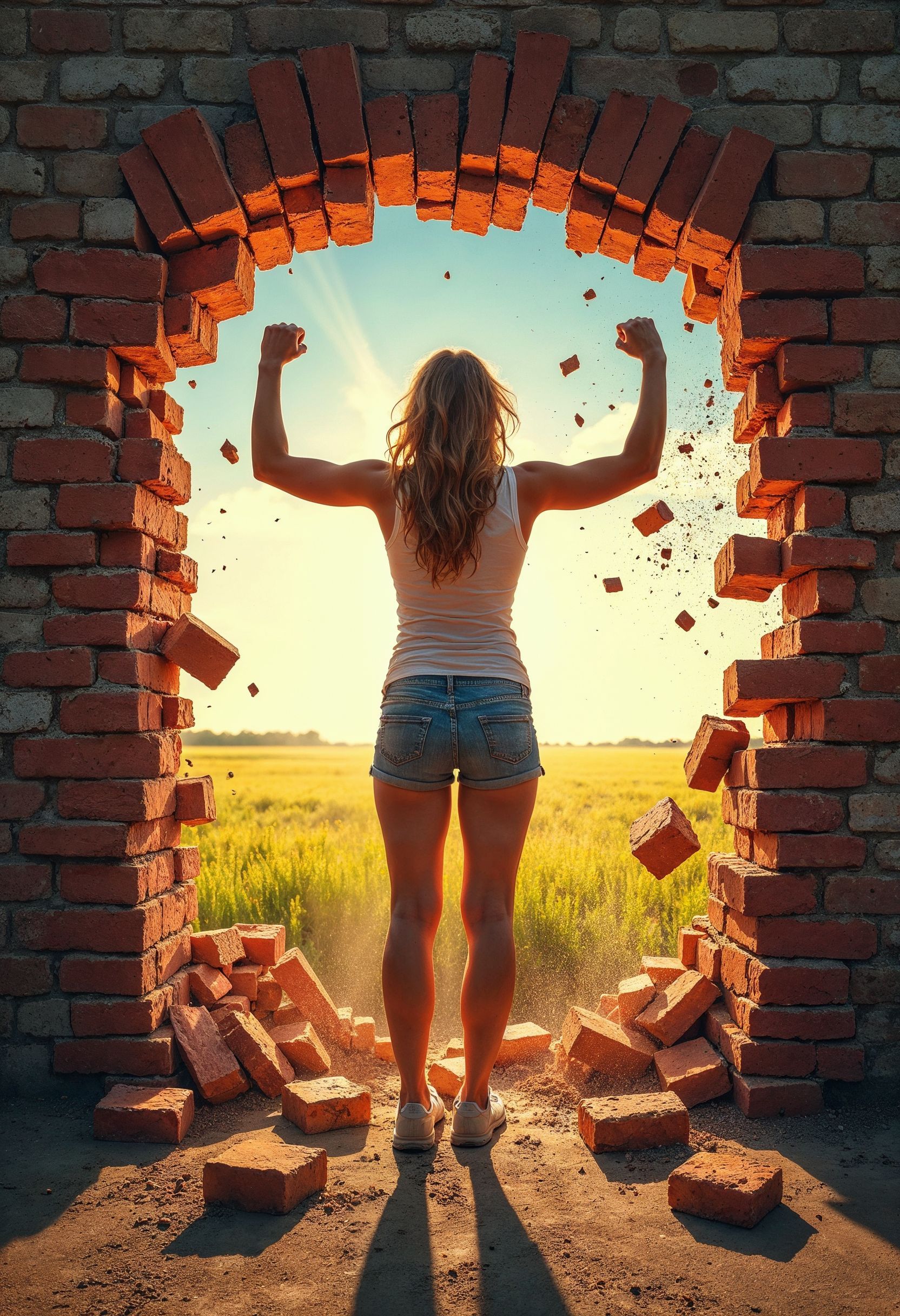 Strong and motivated woman who is breaking through a wall showing her shift in mindset