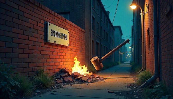 Cartoon depiction of a decaying brick wall labeled Smoking Myths demolished by a rusty wrecking ball labeled Truth