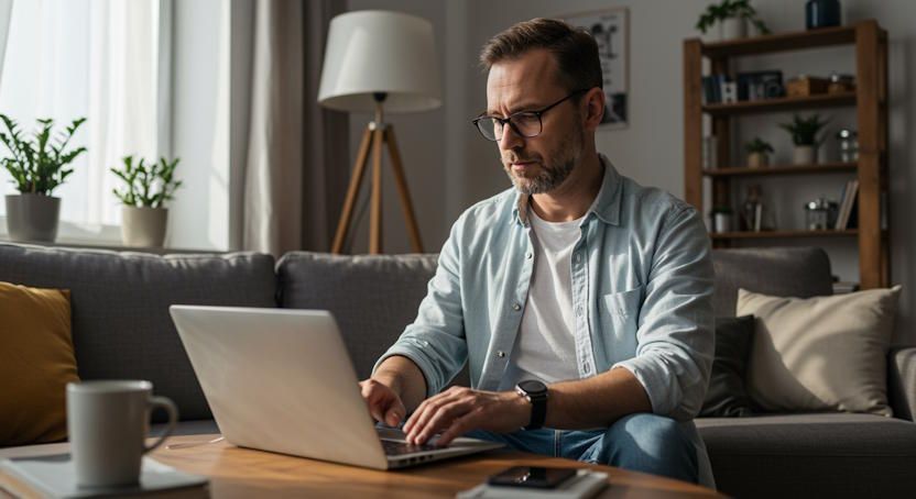 Casual-dressed adult preparing laptop for private hypnotherapy session in his Columbus home