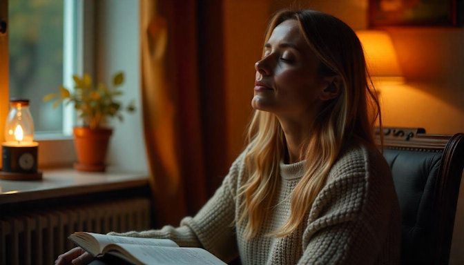 Caucasian woman eyes closed in self-hypnosis reinforcing her quit smoking hypnotherapy sessions seated in a dimly lit room in her German Village apartment