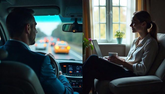 Columbus Man in a traffic jam on his way to hypnotherapy appt and next to him is a woman sitting in her comfy clothes on her couch for her remote hypnotherapy session