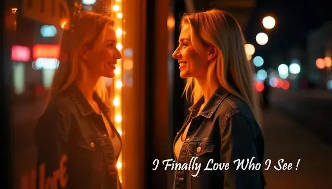 Columbus Woman looking in a downtown window reflection after quitting smoking with I finally love who I see written underneath her