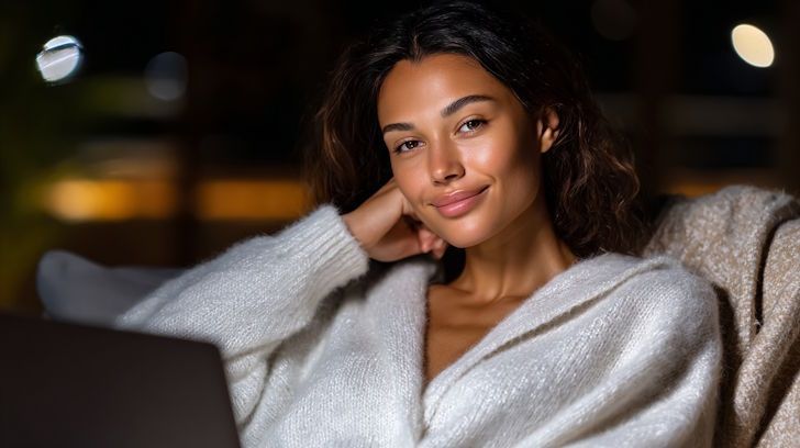 Columbus Woman sitting back in her lounge chair with her laptop ready for her virtual - remote hypnotherapy session