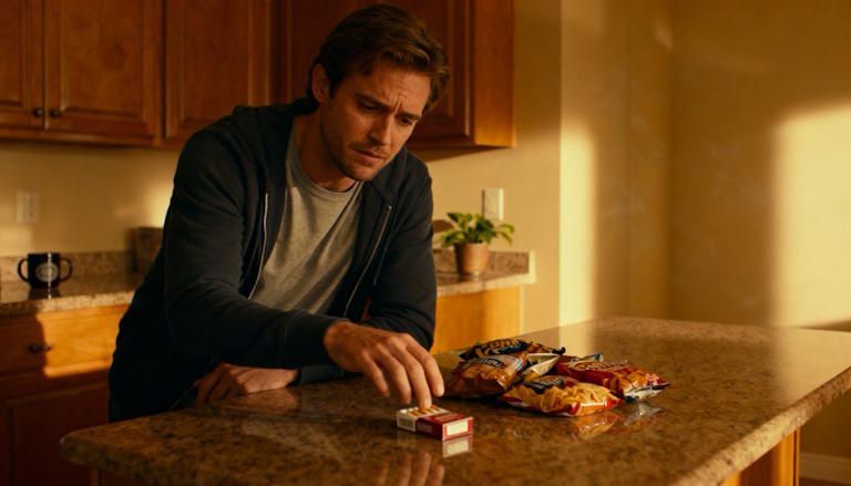 Columbus adult looking at cigarette pack and snacks with conflicted expression