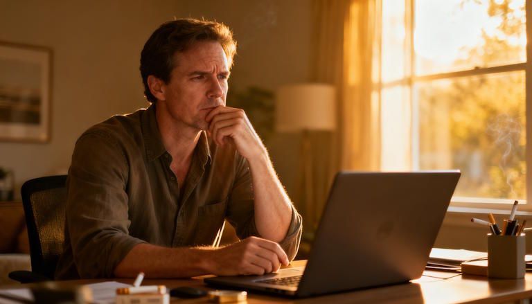 Columbus man comparing quit smoking hypnotherapy providers on a laptop at home thoughtful skeptical 