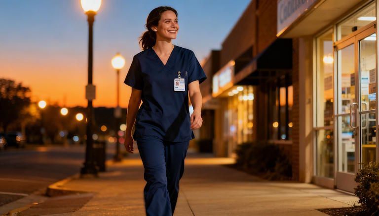 Columbus nurse walking away from her shift at dusk with a gentle smile who quit smoking