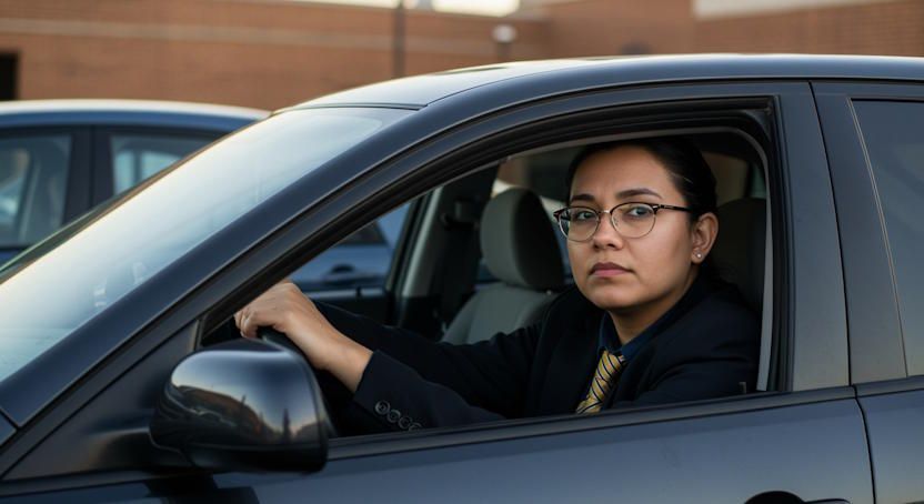 Columbus teacher in parked in her car after school with her hands on the steering wheel exhausted after a long day at school