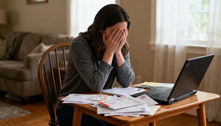 Columbus woman at her home desk super stressed and overwhelmed trying to avoid grabbing a cigarette