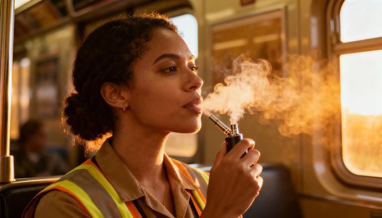 Columbus woman worker on a bus and smoking her vape