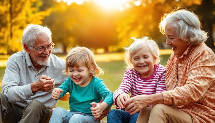 Healthy grandparents playing in the park with their grandchildren