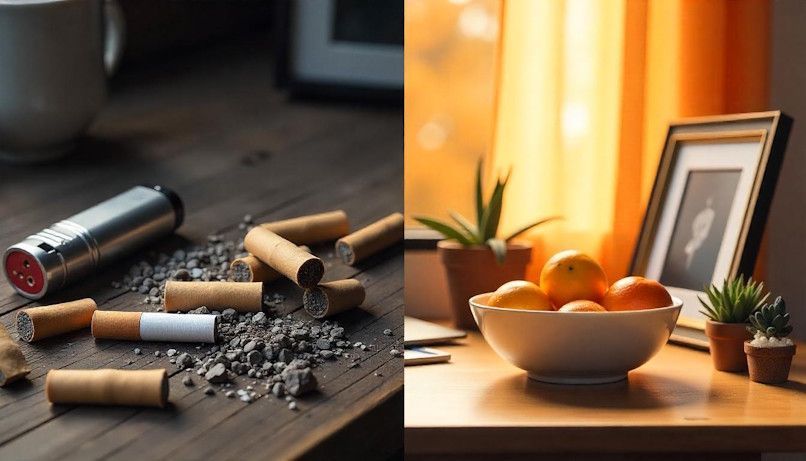 lighter and cigarettes on one side, a tidy desk with a fruit bown on other side