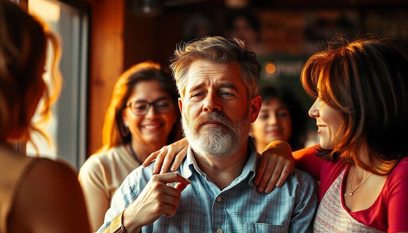 Man quitting smoking with his friends around him for support