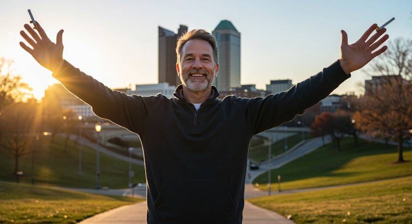 Mark - a former smoker throwing cigarettes away and standing outdoors in columbus at sunrise hands-free smiling with relief and control after quitting smoking