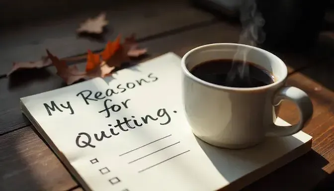 My reasons for quitting list sitting next to a cup of coffee