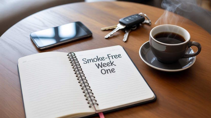 One Mans Journal from Quit Smoking Columbus Hypnotherapy sharing 1 week smoke free on a table with his phone, keys, and a hot coffee