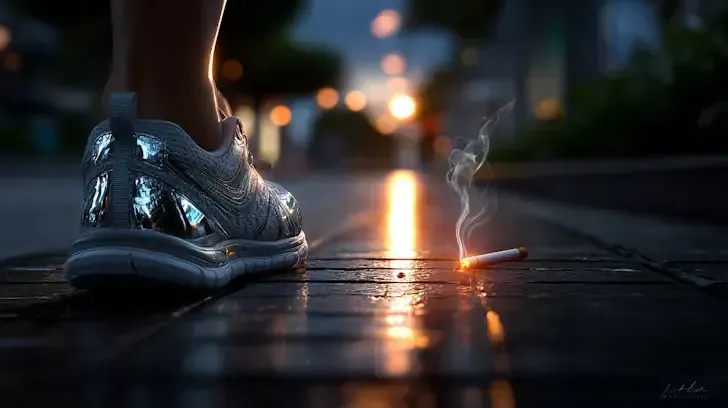 Quit Smoking Columbus Hypnotherapy - cigarette burning on ground with a shoe ready to stomp on it and put it out