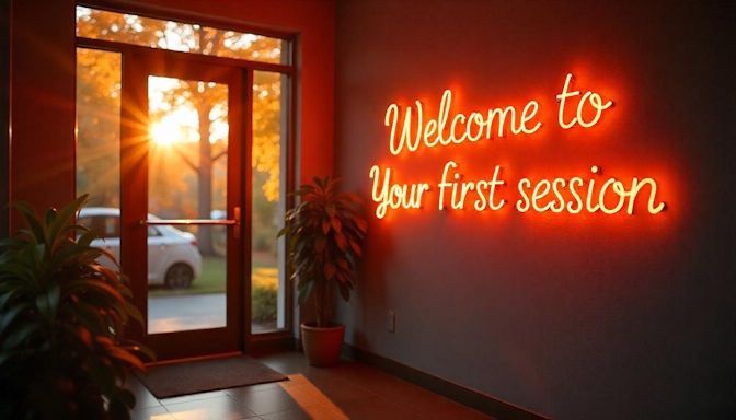 Quit Smoking Columbus Hypnotherapy office bathed in the warm glow of sunset with a Welcome to Your First Session sign in vibrant neon writing on the wall