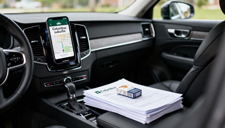 Real Estate Agents car with phone displaying Columbus suburbs, documents on seat with pack of cigarettes placed atop paperwork