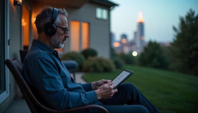 Quit Smoking Columbus -Relaxed man sitting outside on his back patio with his tablet, participating in a virtual hypnotherapy session in Columbus